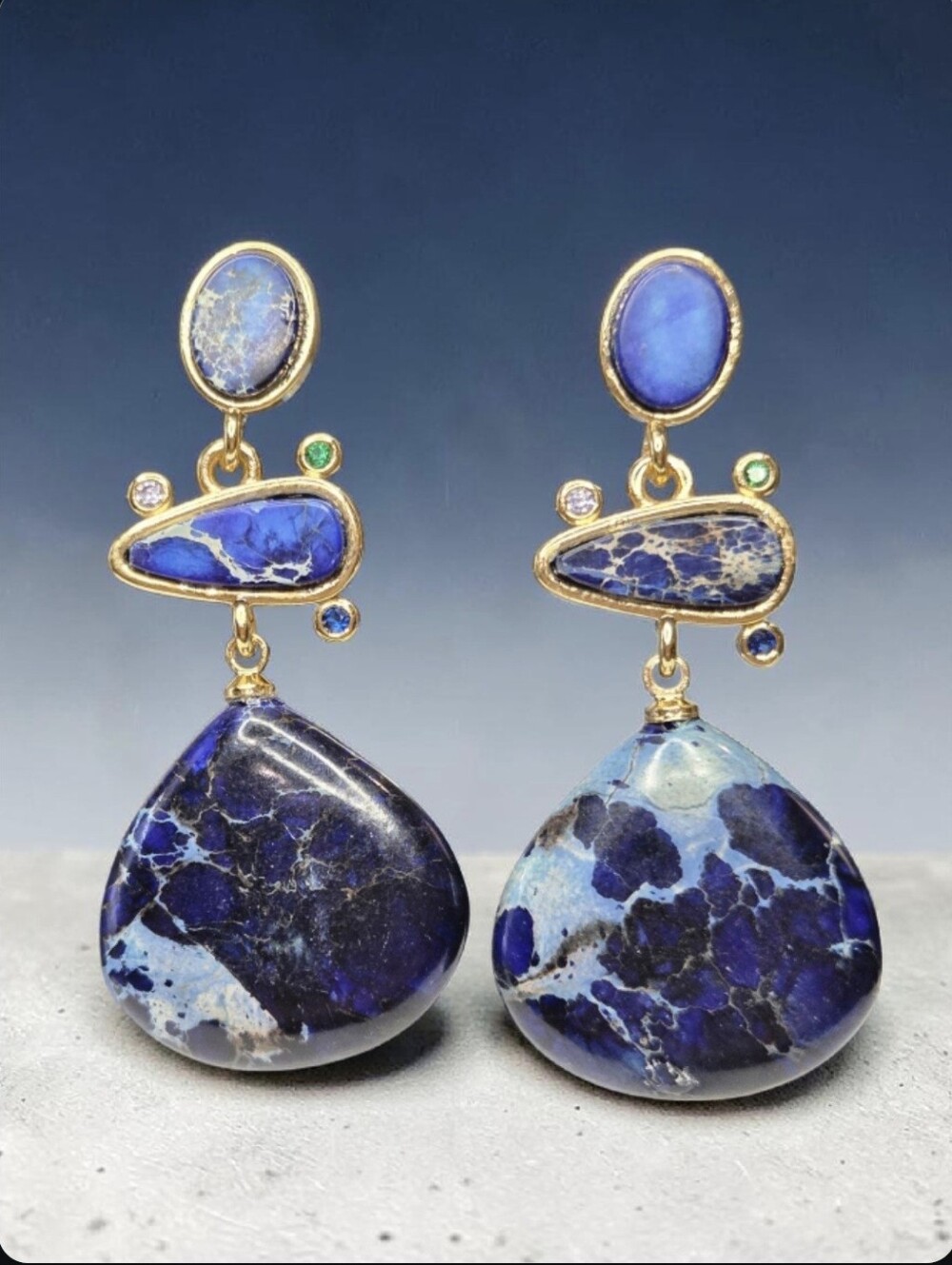 18k Gold Plated Jasper Stone Crystal Dangle Earrings